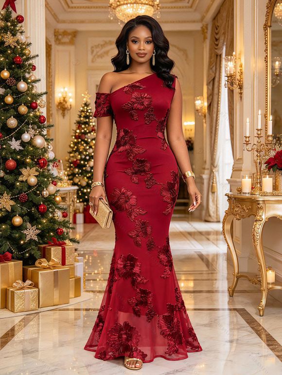 Burgundy Party Dress 3D Applique One Shoulder Short Sleeve Mermaid Bodycon Evening Dress - Rouge Vineux M | US 6