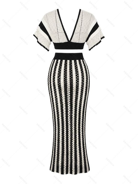 Bohemian Women Outfit Colorblock Hollow Out V Neck Cropped Top and Striped Tied Knitted Bodycon Skirt Set - Blanc S | US 4