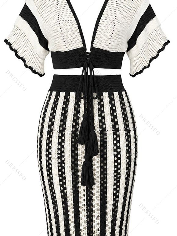 Bohemian Women Outfit Colorblock Hollow Out V Neck Cropped Top and Striped Tied Knitted Bodycon Skirt Set - Blanc S | US 4