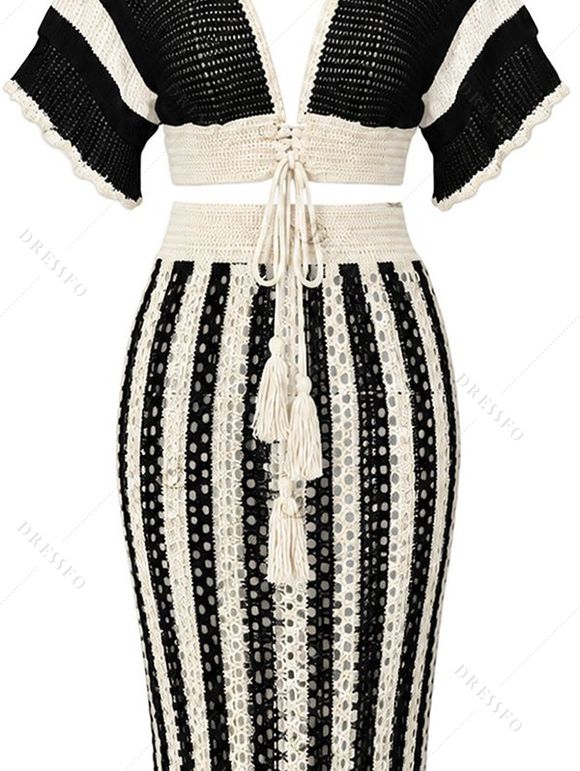 Bohemian Women Outfit Colorblock Hollow Out V Neck Cropped Top and Striped Tied Knitted Bodycon Skirt Set - Noir XL | US 12