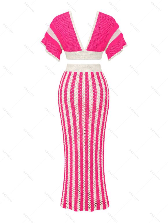 Bohemian Women Outfit Colorblock Hollow Out V Neck Cropped Top and Striped Tied Knitted Bodycon Skirt Set - Rouge Rose S | US 4