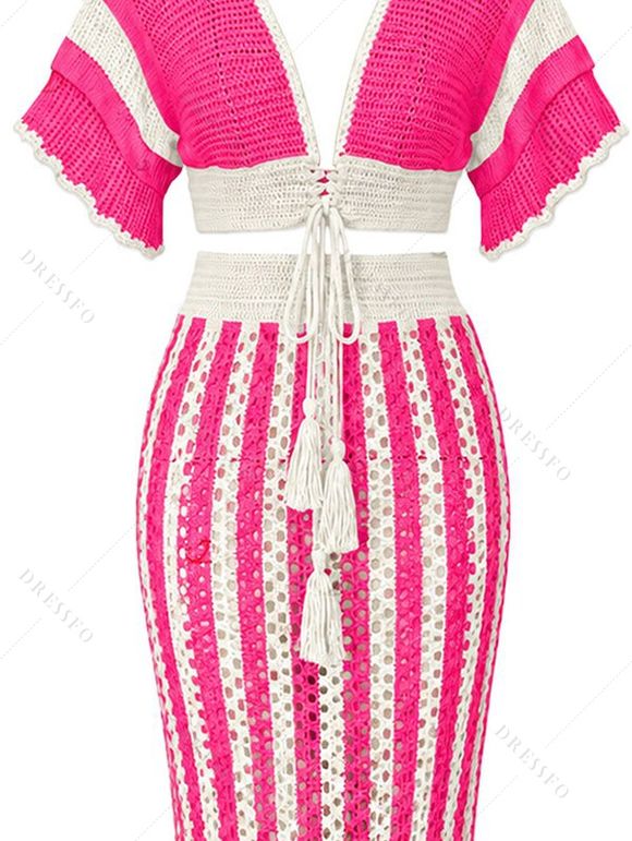Bohemian Women Outfit Colorblock Hollow Out V Neck Cropped Top and Striped Tied Knitted Bodycon Skirt Set - Rouge Rose S | US 4