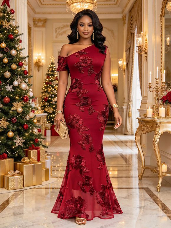 Burgundy Party Couple Outfit 3D Applique One Shoulder Short Sleeve Mermaid Bodycon Dress and Satin Shirt Set - Rouge Vineux S | US 4