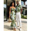Vintage Couple Outfit Ink Painting Tie Dye Print Crisscross Mermaid Bodycon Dress and Shirt Set - Vert Armée S | US 4
