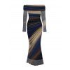 Vintage Couple Outfit Tie Dye Print Off the Shoulder Ruched Mesh Panel Bodycon Dress and Long Sleeve Shirt Set - Bleu profond S | US 4