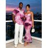 Vacation Couple Outfit Tie Dye Crisscross Draped Mesh Panel Bodycon Dress and Shirt Set - Rose S | US 4