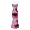 Vacation Couple Outfit Tie Dye Crisscross Draped Mesh Panel Bodycon Dress and Shirt Set - Rose S | US 4