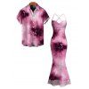 Vacation Couple Outfit Tie Dye Crisscross Draped Mesh Panel Bodycon Dress and Shirt Set - Rose S | US 4