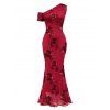 Burgundy Party Couple Outfit 3D Applique One Shoulder Short Sleeve Mermaid Bodycon Dress and Satin Shirt Set - Rouge Vineux S | US 4