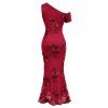 Burgundy Party Couple Outfit 3D Applique One Shoulder Short Sleeve Mermaid Bodycon Dress and Satin Shirt Set - Rouge Vineux S | US 4