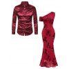 Burgundy Party Couple Outfit 3D Applique One Shoulder Short Sleeve Mermaid Bodycon Dress and Satin Shirt Set - Rouge Vineux S | US 4