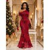 Burgundy Party Couple Outfit 3D Applique One Shoulder Short Sleeve Mermaid Bodycon Dress and Satin Shirt Set - Rouge Vineux S | US 4
