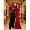 Burgundy Party Couple Outfit 3D Applique One Shoulder Short Sleeve Mermaid Bodycon Dress and Satin Shirt Set - Rouge Vineux S | US 4