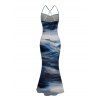 Vacation Couple Outfit Oil Painting Wave Tie Dye Print Mesh Panel Crisscross Draped Bodycon Dress and Shirt Set - Bleu profond S | US 4