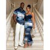 Vacation Couple Outfit Oil Painting Wave Tie Dye Print Mesh Panel Crisscross Draped Bodycon Dress and Shirt Set - Bleu profond S | US 4