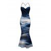 Vacation Couple Outfit Oil Painting Wave Tie Dye Print Mesh Panel Crisscross Draped Bodycon Dress and Shirt Set - Bleu profond S | US 4