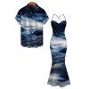 Vacation Couple Outfit Oil Painting Wave Tie Dye Print Mesh Panel Crisscross Draped Bodycon Dress and Shirt Set - Bleu profond S | US 4