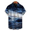 Vacation Couple Outfit Oil Painting Wave Tie Dye Print Mesh Panel Crisscross Draped Bodycon Dress and Shirt Set - Bleu profond S | US 4