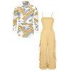 Vintage Couple Outfit Solid Color Multi-pockets Spaghetti Strap Jumpsuit and Geometric Striped Print Shirt Set - café lumière S | US 4