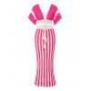 Bohemian Women Outfit Colorblock Hollow Out V Neck Cropped Top and Striped Tied Knitted Bodycon Skirt Set - Rouge Rose XL | US 12