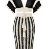 Bohemian Women Outfit Colorblock Hollow Out V Neck Cropped Top and Striped Tied Knitted Bodycon Skirt Set - Noir S | US 4