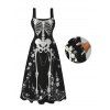 Halloween Gothic Cosplay Party Dress Skeleton Rose Spider Web Print Pocket Square Neck Dress - Noir M | US 6