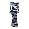 Elegant Party Dress Artistic Ink Wash Brush Stroke Print Off the Shoulder Ruched Mesh Panel Bodycon Dress - Bleu profond M | US 6