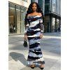 Elegant Party Dress Artistic Ink Wash Brush Stroke Print Off the Shoulder Ruched Mesh Panel Bodycon Dress - Bleu profond M | US 6