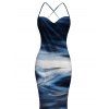 Elegant Vacation Dress Oil Painting Wave Tie Dye Print Mesh Panel Crisscross Draped Bodycon Dress - Bleu S | US 4