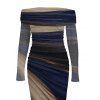 Elegant Party Dress Tie Dye Print Off the Shoulder Ruched Mesh Panel Bodycon Dress - Cadetblue S | US 4