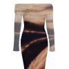 Elegant Party Dress Tie Dye Print Off the Shoulder Ruched Mesh Panel Bodycon Dress - Brun S | US 4