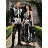 Halloween Gothic Couple Outfit Skeleton Rose Spider Web Print Pocket Square Neck Dress and Long Sleeve Shirt Set - Noir S | US 4