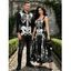 Halloween Gothic Couple Outfit Skeleton Rose Spider Web Print Pocket Square Neck Dress and Long Sleeve Shirt Set - Noir S | US 4