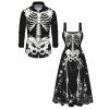 Halloween Gothic Couple Outfit Skeleton Rose Spider Web Print Pocket Square Neck Dress and Long Sleeve Shirt Set - Noir S | US 4