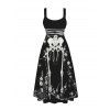 Halloween Gothic Couple Outfit Skeleton Rose Spider Web Print Pocket Square Neck Dress and Long Sleeve Shirt Set - Noir S | US 4