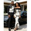 Winter Couple Outfit Ink Panting Floral Print Off the Shoulder Ruched Mesh Panel Bodycon Dress and Long Sleeve Shirt Set - Noir S | US 4