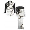 Winter Couple Outfit Ink Panting Floral Print Off the Shoulder Ruched Mesh Panel Bodycon Dress and Long Sleeve Shirt Set - Noir S | US 4