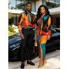 Vintage Couple Outfit Colorblock Abstract Geometric Print Ruched Turn Down Collar Bodycon Shirt Dress and Long Sleeve Shirt Set - multicolor A S | US 4