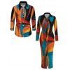 Vintage Couple Outfit Colorblock Abstract Geometric Print Ruched Turn Down Collar Bodycon Shirt Dress and Long Sleeve Shirt Set - multicolor A S | US 4