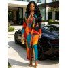 Vintage Couple Outfit Colorblock Abstract Geometric Print Ruched Turn Down Collar Bodycon Shirt Dress and Long Sleeve Shirt Set - multicolor A S | US 4