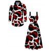 Vintage Couple Outfit Colorblock Abstract Irregular Print Pockets Square Neck A Line Dress and Long Sleeve Shirt Set - Noir S | US 4