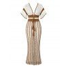 Bohemian Women Outfit Colorblock Hollow Out V Neck Cropped Top and Striped Tied Knitted Bodycon Skirt Set - café S | US 4