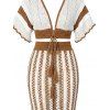 Bohemian Women Outfit Colorblock Hollow Out V Neck Cropped Top and Striped Tied Knitted Bodycon Skirt Set - café S | US 4