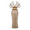 Bohemian Women Outfit Colorblock Hollow Out V Neck Cropped Top and Striped Tied Knitted Bodycon Skirt Set - café S | US 4