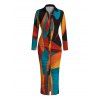 Vintage Shirt Dress Colorblock Abstract Geometric Print Ruched Turn Down Collar Bodycon Dress - multicolor A XL | US 12