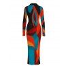 Vintage Shirt Dress Colorblock Abstract Geometric Print Ruched Turn Down Collar Bodycon Dress - multicolor A XL | US 12