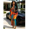Vintage Shirt Dress Colorblock Abstract Geometric Print Ruched Turn Down Collar Bodycon Dress - multicolor A XL | US 12