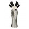Bohemian Women Outfit Colorblock Hollow Out V Neck Cropped Top and Striped Tied Knitted Bodycon Skirt Set - Noir XL | US 12