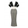 Bohemian Women Outfit Colorblock Hollow Out V Neck Cropped Top and Striped Tied Knitted Bodycon Skirt Set - Noir XL | US 12