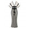 Bohemian Women Outfit Colorblock Hollow Out V Neck Cropped Top and Striped Tied Knitted Bodycon Skirt Set - Blanc S | US 4